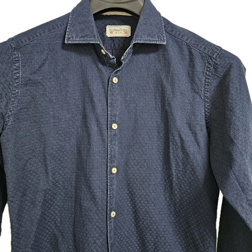 Tintoria Mattei Shirt Mens 15.5 Blue 954 Long Sleeve Cotton Micro Pattern Slim